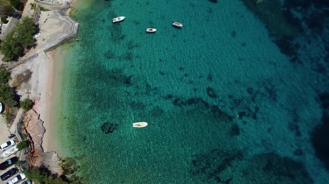 Aerial top view of zavala beach on hvar island in croatia