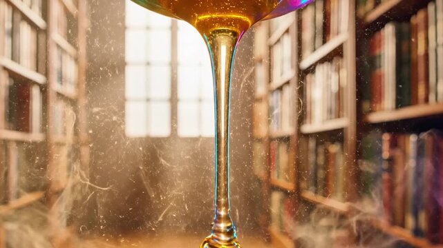 A close-up of a wine glass stem with a library background