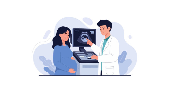 Doctor shows ultrasound scan of fetus to pregnant woman during medical examination