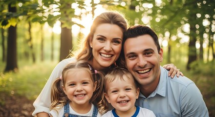 Fototapeta premium Happy family of four enjoying a sunny day outdoors.