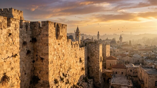 Ancient stone fortification walls overlooking an old city at sunset, 338