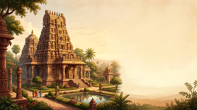 Ancient hindu temple with ornate architecture and sacred pond
