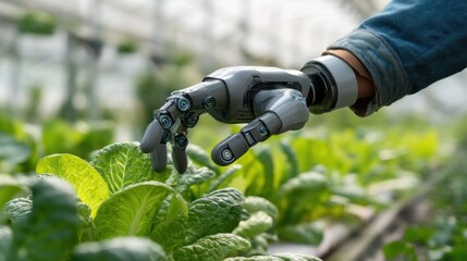 Fototapeta premium Robot hand tending fresh green lettuce