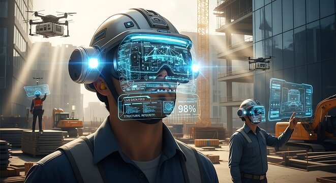 Engineer wearing VR headset in modern factory setting.