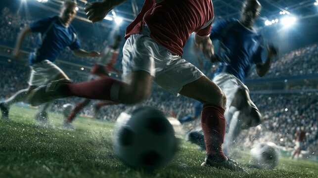 Professional Soccer Players Competing in High-Speed Stadium Match Under Floodlights