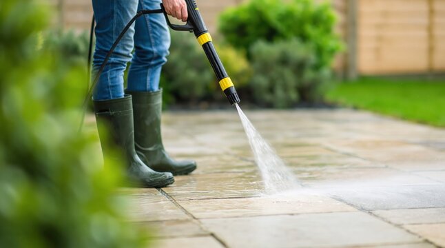 Cleaning a garden patio with a high pressure water jet washer on paving slabs