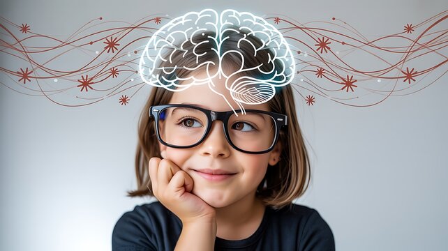 Curious child learning neuroscience with creative brain development concept