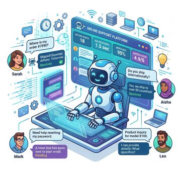 Automated customer service concept with intelligent robot handling multi-user chat inquiries on digital dashboard