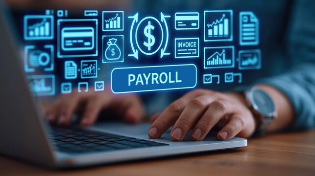 Payroll and accounting management using digital software on a business laptop screen