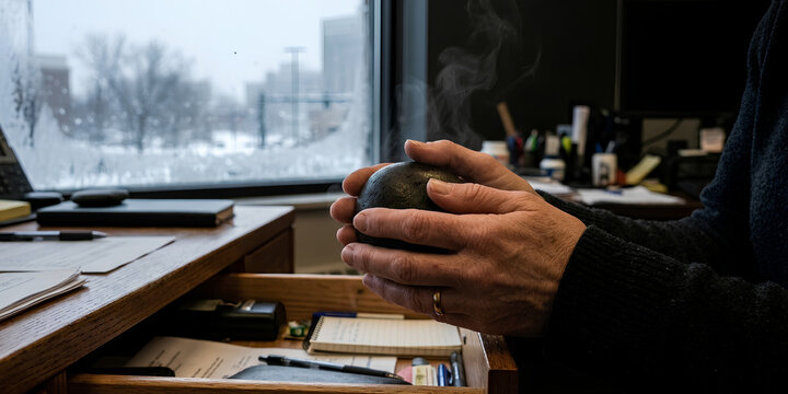 Hands holding a steaming warm beverage at an office desk, contrasting with a snowy winter city landscape outside the window.