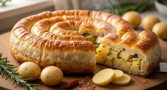 Freshly baked bread loaf with butter and herbs on rustic board.