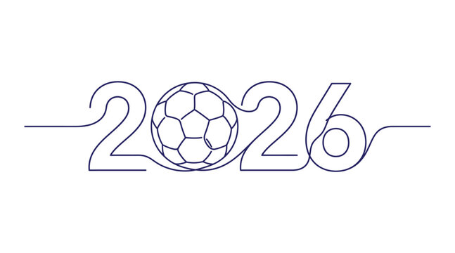 Minimalist one line drawing of 2026 soccer year with football minimalist championship competition tournament continuous celebration typography identity isolated background
