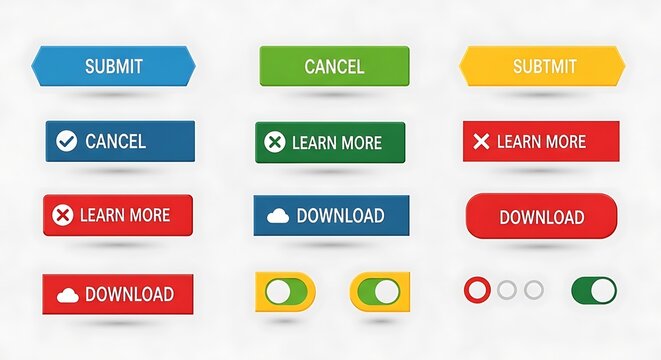 Colorful set of web page action buttons with icons.