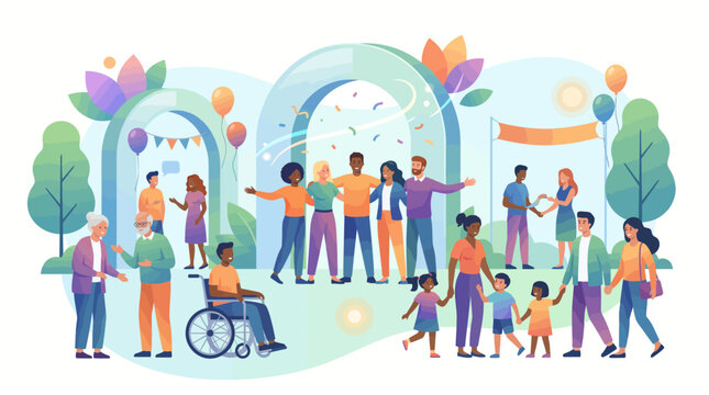 Vibrant diverse community celebration featuring people of all ages, backgrounds, and abilities with families and friends gathering under festive glass arches.