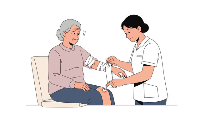 Nurse Bandaging Elderly Patient's Injured Arm and Knee