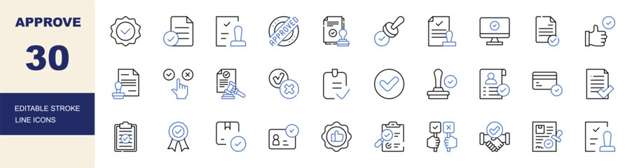 Approve, Verification and Approval Process Line Icons Set Editable Stroke Vector Illustration © Binaya