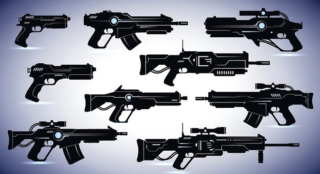 Collection of futuristic black sci fi weapons and firearms arranged in grid