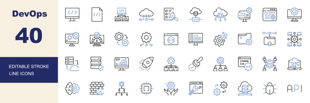 DevOps, Software Development, Cloud Computing and System Administration Line Icons Set Editable Stroke Vector Illustration
