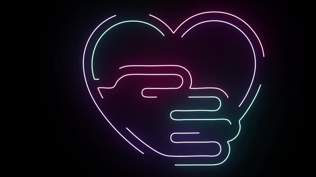 Abstract Heart Symbol Composed of Glowing Neon Outline Lines Pulsing With Gentle Hand Animation Emulating Care and Affection on a Deep Pitch Black Background Perfect for Digital Love and Romance Theme