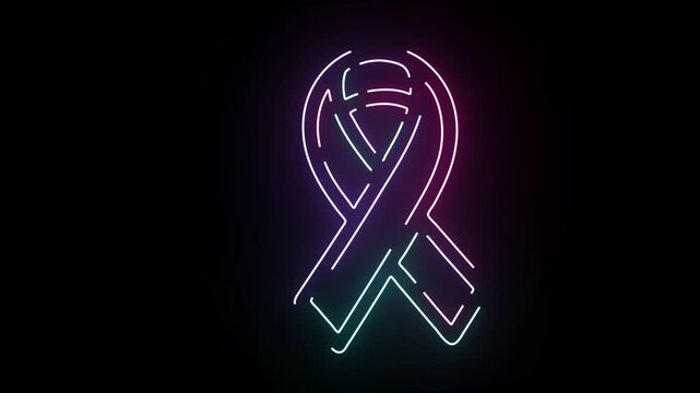 A glowing neon ribbon symbol representing breast cancer awareness with smooth light animation lines pulsing across a dark black background creating an elegant glowing effect for medical health campaig