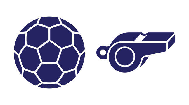 Soccer ball and referee whistle icon with football official competition tournament athletic isolated silhouette training recreation whistling championship branding equipment