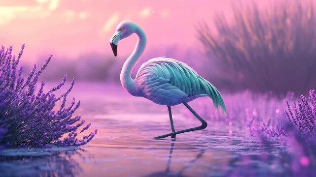 Elegant flamingo in serene landscape with pastel colors and atmospheric light
