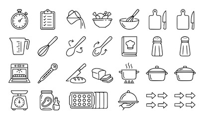 Naklejka premium Black line icons for cooking and kitchen utensils on white background