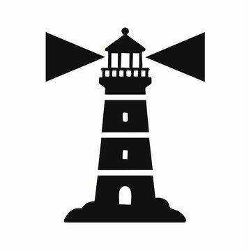 Minimalist vector graphic illustration of a classic coastal lighthouse emitting bright navigational light beams from the lantern room designed in a bold flat black and white artistic professional grap