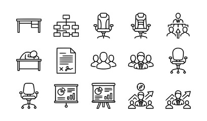 Fototapeta premium Manager Outline Icons Set with Office Table Structure Signed Document and Leadership Symbols Vector