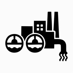 Minimalist vector graphic illustration featuring a stylized industrial factory silhouette with tall smokestacks and a large drainage pipe discharging waste into the environment © Laila