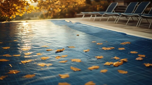 Swimming Pool Partially Covered with Blue Tarp, Fallen Leaves on Cover, Lounge Chairs Stacked, Late Afternoon Light, Upper Left Melancholic Sky Negative Space for End-of-Summer Text