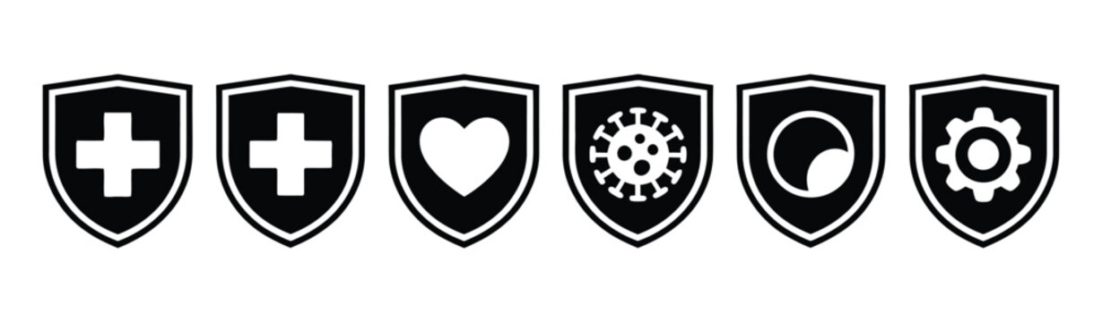 Health shield protection icon set, antibacterial and immune defense symbols, medical care shield, red cross, heart and virus vector illustration set.