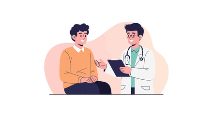 Obraz premium Doctor consults patient, holding clipboard with stethoscope around neck, modern flat illustration style