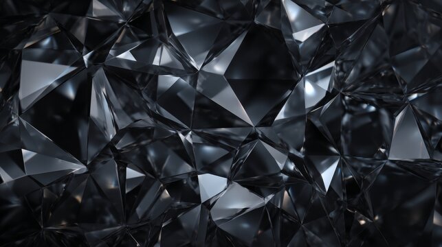 Abstract black crystal background with luxurious faceted geometric texture and deep dark reflective surfaces, wide panoramic macro gemstone inspired pattern creating an elegant premium backdrop for mo