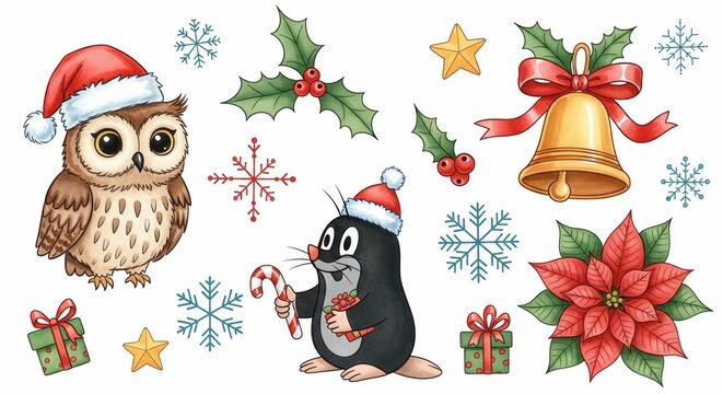 Whimsical Watercolor Christmas: Owl & Mole Embrace Festive Cheer with Holly & Poinsettias