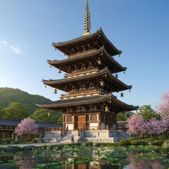 Fototapeta premium Traditional japanese pagoda in a serene garden with blooming cherry blossoms