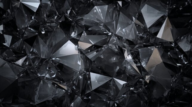 Abstract black crystal background with luxurious faceted geometric texture and deep dark reflective surfaces, wide panoramic macro gemstone inspired pattern creating an elegant premium backdrop for mo