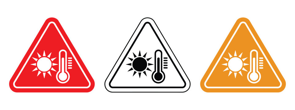 High temperature warning icon set, heat alert symbols, thermometer and heat danger signs, black gray and orange color variation vector illustration.