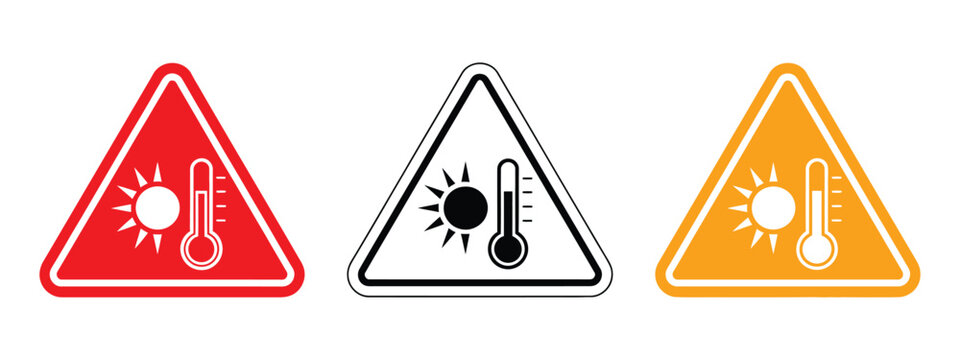 High temperature warning icon set, heat alert symbols, thermometer and heat danger signs, black gray and orange color variation vector illustration.