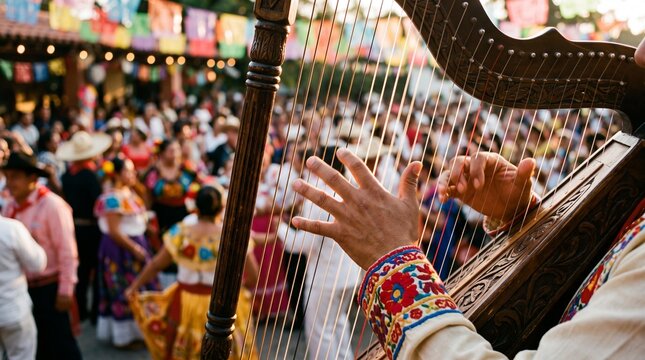 Close up of hands playing traditional arpa jarocha harp at a Mexican festival