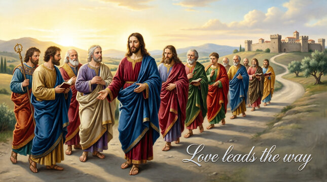 Jesus and disciples journey to Capernaum sacred art portrays faith, devotion, and divine mission.