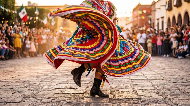 Mexican folk dancer in colorful traditional skirt spinning at street fiesta
