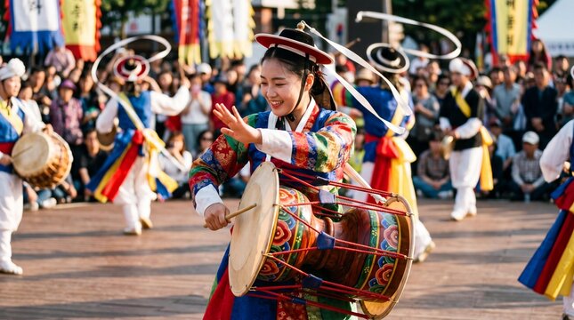 Korean woman in hanbok playing janggu drum at traditional samulnori festival