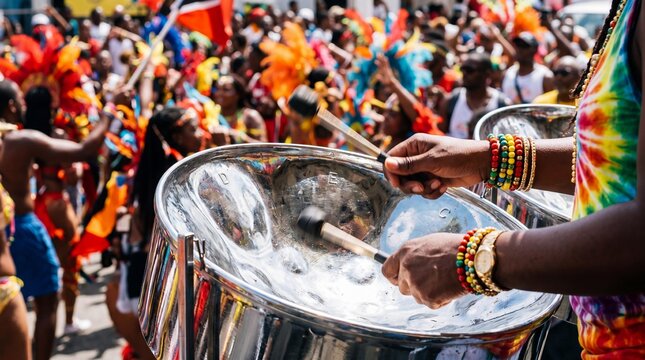 Musician playing steel pan drums during the vibrant Trinidad Carnival parade