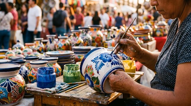 Mexican artisan hand painting a traditional Talavera pottery bowl in a market