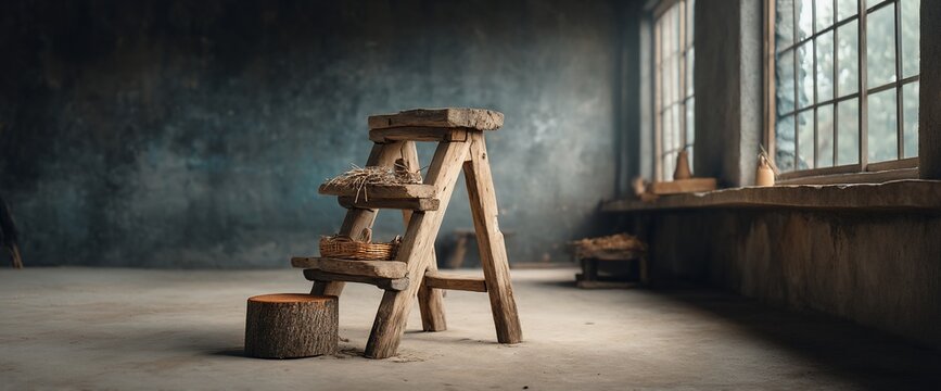 Rustic wooden step stool and log in a dimly lit room with large windows