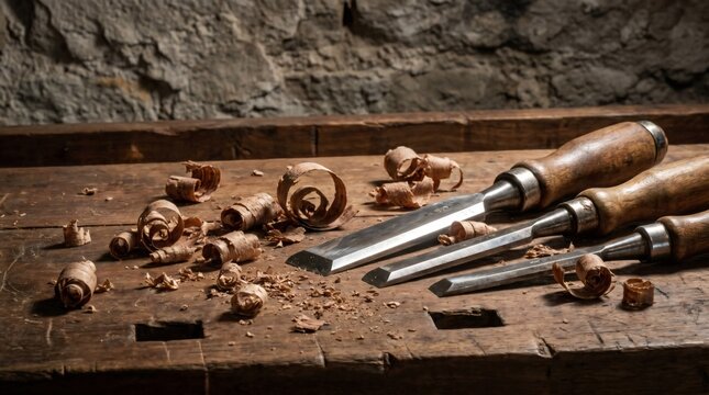 Traditional woodworking chisels on rustic wooden workbench with wood shavings, carpentry and manual craftsmanship concept