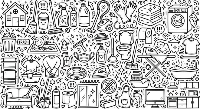 Home cleaning and household chores utility doodles pattern with cleaning housework household supplies detergent maintenance sanitation equipment springcleaning domestic lifestyle