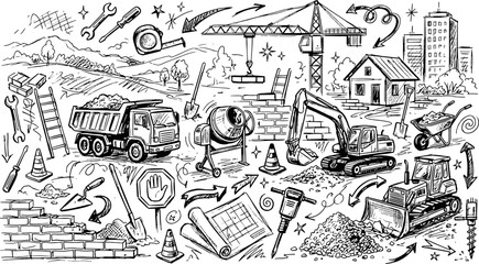 Obraz premium Construction site and engineering development hand-drawn doodle sketches with construction building excavator industry infrastructure engineering architecture development machinery