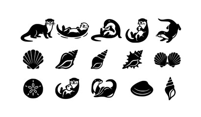 Obraz premium Marine Otter and Seashell Silhouette Collection Black White Vector Illustration